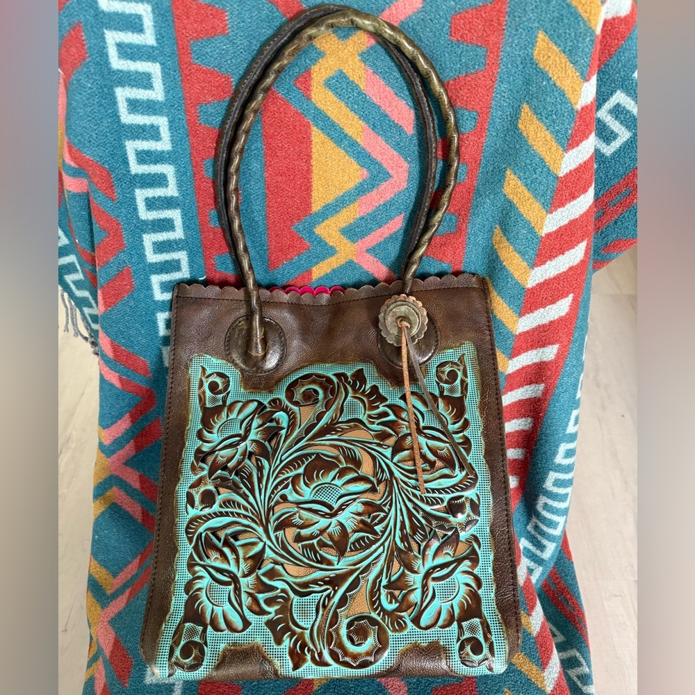 Patricia Nash Turquoise Tooled Leather Cavo Tote